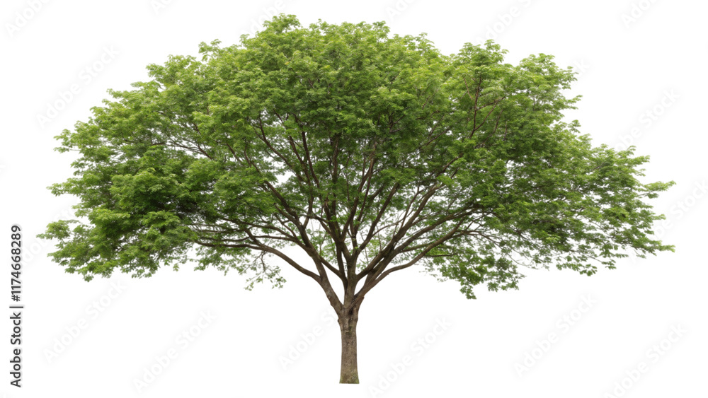 A single, tall oak tree with lush green foliage stands isolated against a white background A single, tall oak tree with lush green foliage stands isolated against a white background