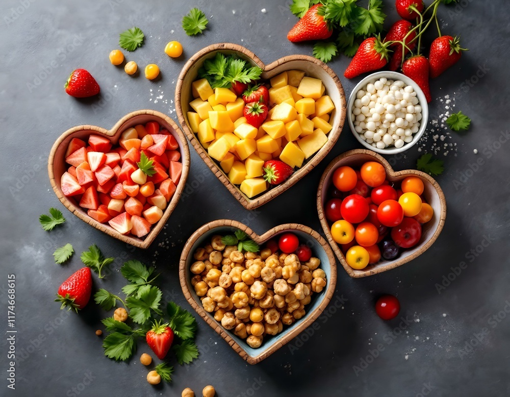 Heart-Shaped Bowls of Colorful Fruit and Snacks: A Delightful Rustic Still Life Heart-Shaped Bowls of Colorful Fruit and Snacks: A Delightful Rustic Still Life