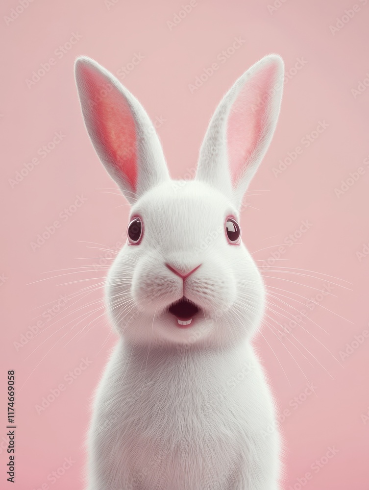 Fototapeta premium Portrait of a white cute. rabbit with surprised. expression on a pink background,surprised looking rabbit .Generative AI