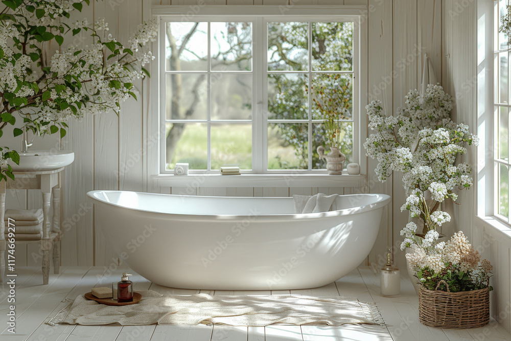 Fototapeta premium Minimalist Bathroom with Spring Blooms