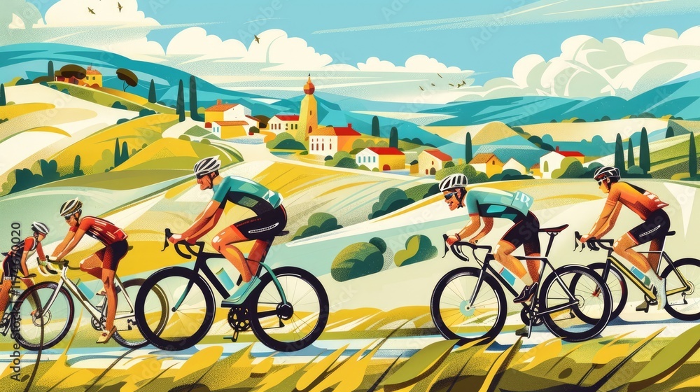 Fototapeta premium A group of cyclists riding through a picturesque countryside, their bikes a blur of motion against a backdrop of rolling hills and quaint villages.