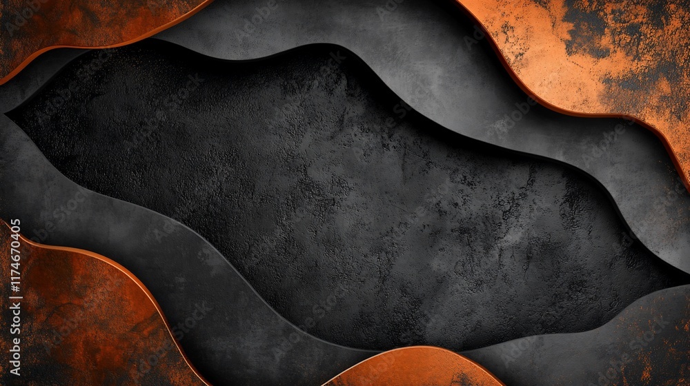 Abstract rusty orange and dark gray metal background with curved shapes. Abstract rusty orange and dark gray metal background with curved shapes.