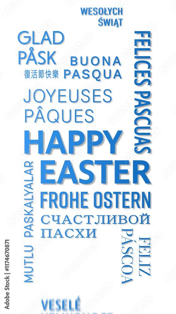 Vertical video animation of Happy Easter message in different languages - keywords cloud with blue text on white background - seamless loop - vacation concept.