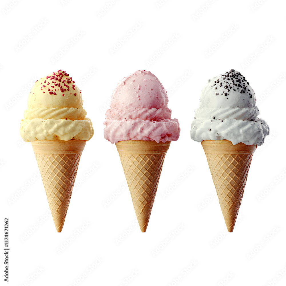 Three ice cream cones with different flavors, transparent background Three ice cream cones with different flavors, transparent background