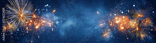 Deep blue night sky illuminated by bursts of golden fireworks, creating a dazzling and festive scene.