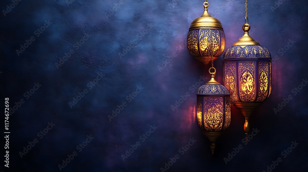 Fototapeta premium Illuminated Moroccan Lanterns Hanging Against a Dark Blue Wall