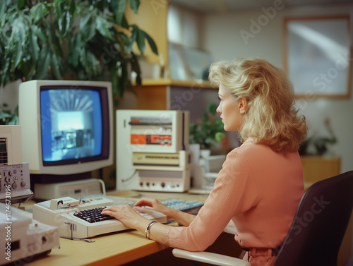 Retro Close up image of woman hands typing on laptop computer keyboard and surfing the internet on office table, online, working, business and technology, internet network communication concept