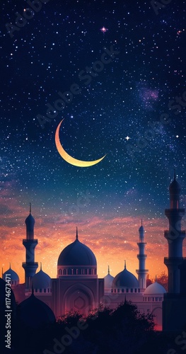 Wallpaper Mural A serene night sky with a crescent moon and stars, set against an illustration of mosque domes, symbolizing Ramadan. for a banner background design.  Torontodigital.ca