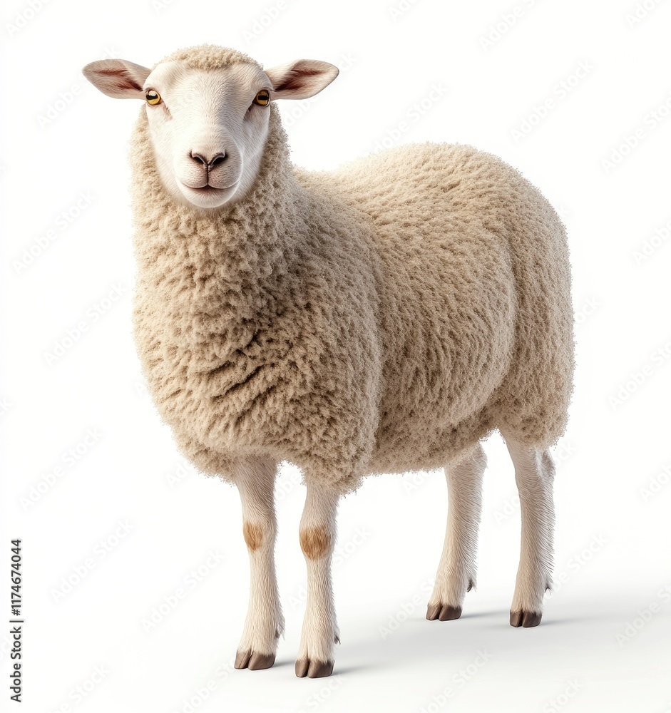 A sheep standing on the ground, looking at the viewer frontally with a white background, 3D rendering, full-body photograph of a real animal, high-definition photography, super details, and a sense A sheep standing on the ground, looking at the viewer frontally with a white background, 3D rendering, full-body photograph of a real animal, high-definition photography, super details, and a sense