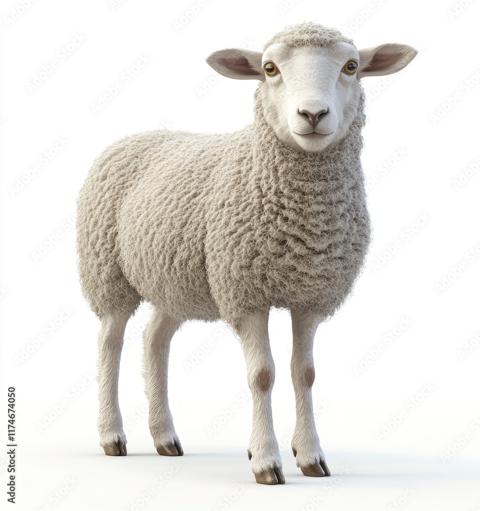 A sheep standing on the ground, looking at the viewer frontally with a white background, 3D rendering, full-body photograph of a real animal, high-definition photography, super details, and a sense A sheep standing on the ground, looking at the viewer frontally with a white background, 3D rendering, full-body photograph of a real animal, high-definition photography, super details, and a sense