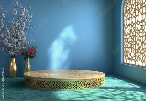 A simple and elegant podium scene with an Islamic theme, featuring gold accents on the circular platform, set against a blue wall background. The room includes subtle green carpeting underfoot photo