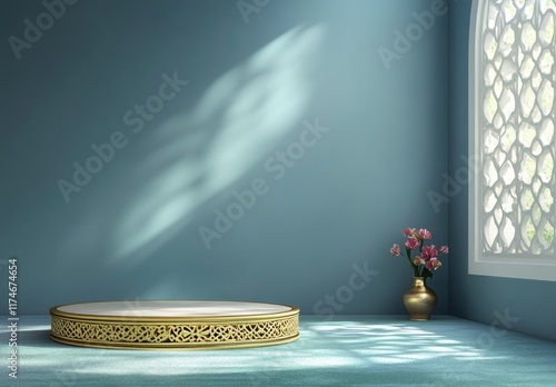 A simple and elegant podium scene with an Islamic theme, featuring gold accents on the circular platform, set against a blue wall background. The room includes subtle green carpeting underfoot photo