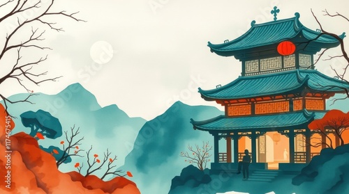 Asian temple, mountain landscape, couple visiting, peaceful scene; travel poster.