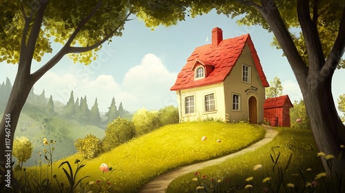 Charming Red Roof Cottage in a Sunny Landscape photo