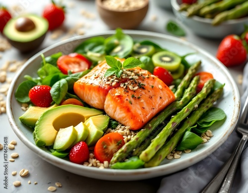 Fototapeta Naklejka Na Ścianę i Meble -  Salmon and Spring Vegetable Bowl: A Vibrant, Healthy Dish