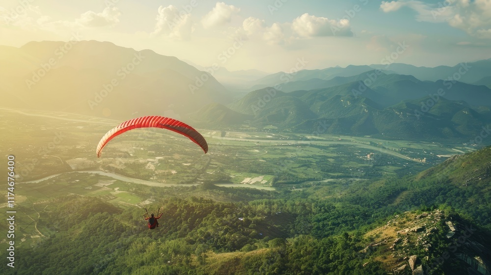 A scenic view of a person paragliding over a beautiful landscape, A scenic view of a person paragliding over a beautiful landscape,