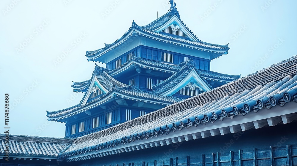 Majestic three-story blue Japanese castle tower with tiered roofs and intricate details under a hazy sky. Majestic three-story blue Japanese castle tower with tiered roofs and intricate details under a hazy sky.