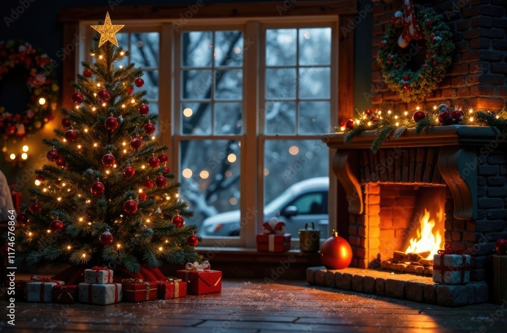 Night outside the window, fireplace, winter, snow, snowfall, candles, gifts, pine, spruce, tinsel, toys, colorful balls, lights, two armchairs, fireplace, fire in the fireplace, free space for text Night outside the window, fireplace, winter, snow, snowfall, candles, gifts, pine, spruce, tinsel, toys, colorful balls, lights, two armchairs, fireplace, fire in the fireplace, free space for text