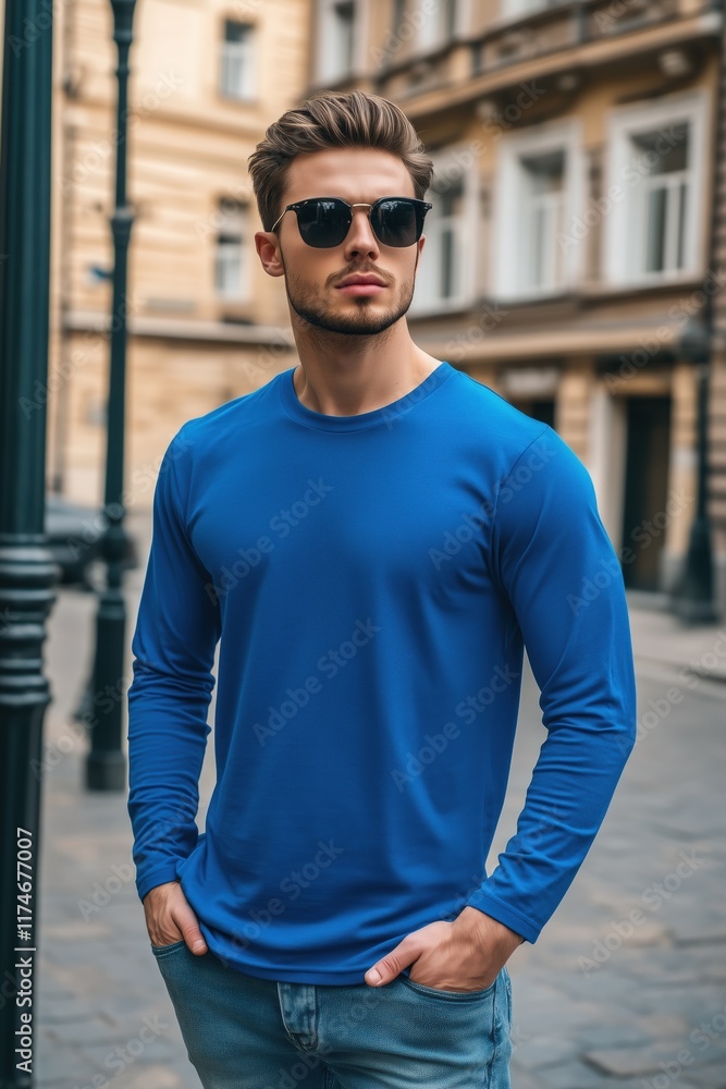 A young man in a blue color long sleeve T-shirt mockup and sunglasses stands confidently on a city street. The background features classic architecture and lampposts, creating an urban vibe. A young man in a blue color long sleeve T-shirt mockup and sunglasses stands confidently on a city street. The background features classic architecture and lampposts, creating an urban vibe.