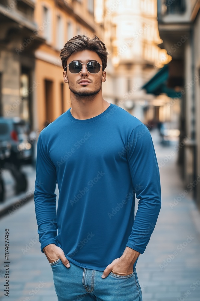 A stylish young man stands confidently on a city street, wearing a blue color long sleeve T-shirt mockup and sunglasses. The background features urban architecture and a hint of street life. A stylish young man stands confidently on a city street, wearing a blue color long sleeve T-shirt mockup and sunglasses. The background features urban architecture and a hint of street life.