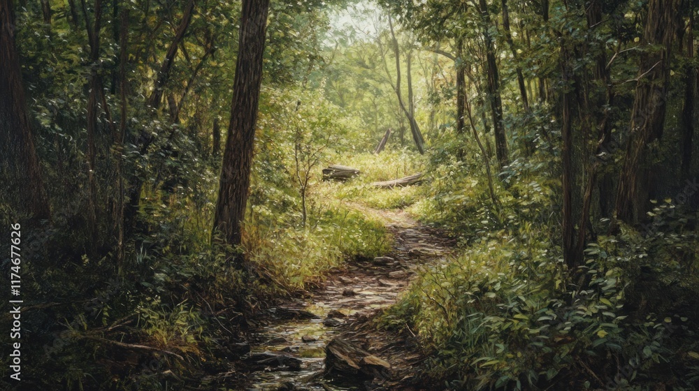 Naklejka premium Sunlit Path Through a Verdant Forest