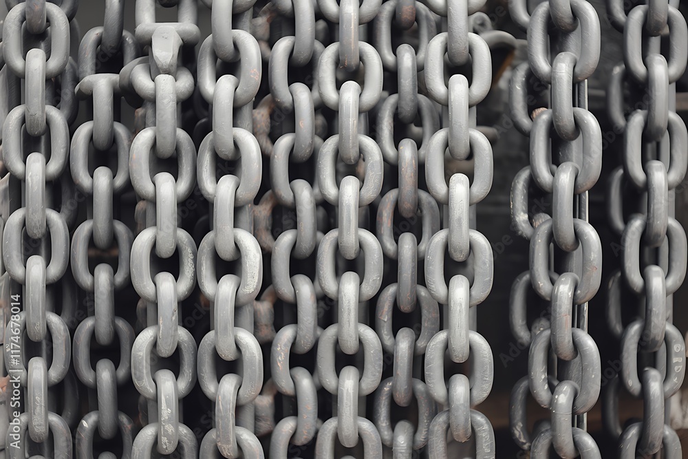 Numerous gray metal chains hang vertically, showcasing their strong, interlocking links. The image emphasizes their industrial strength and robust construction, suitable for heavy cargo or shipping. Numerous gray metal chains hang vertically, showcasing their strong, interlocking links. The image emphasizes their industrial strength and robust construction, suitable for heavy cargo or shipping.