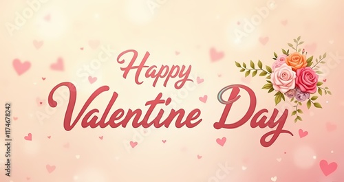 Floral elements on a colorful postcard with a caption "Happy Valentine's Day".