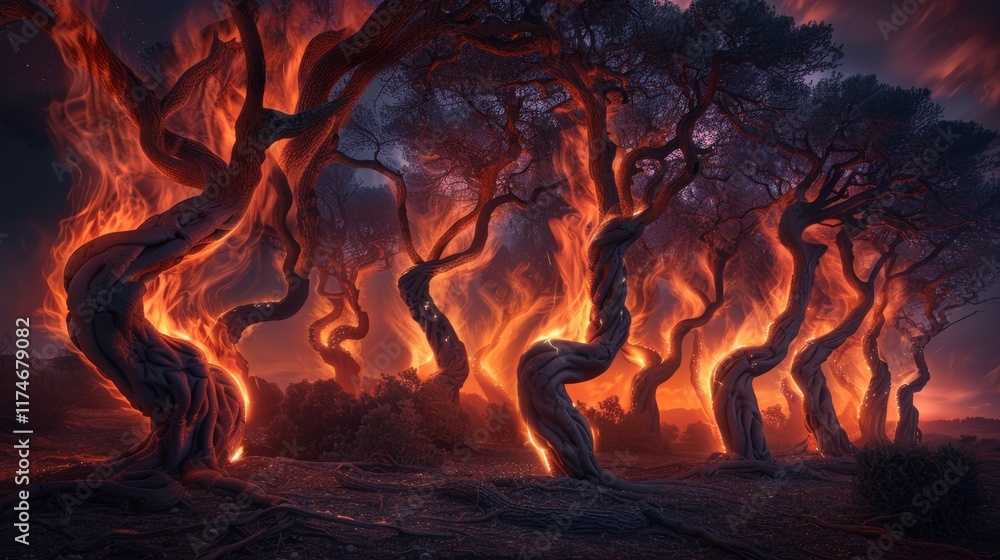 A magical forest of glimmering trees crafted from flowing, molten gold in nature s embrace