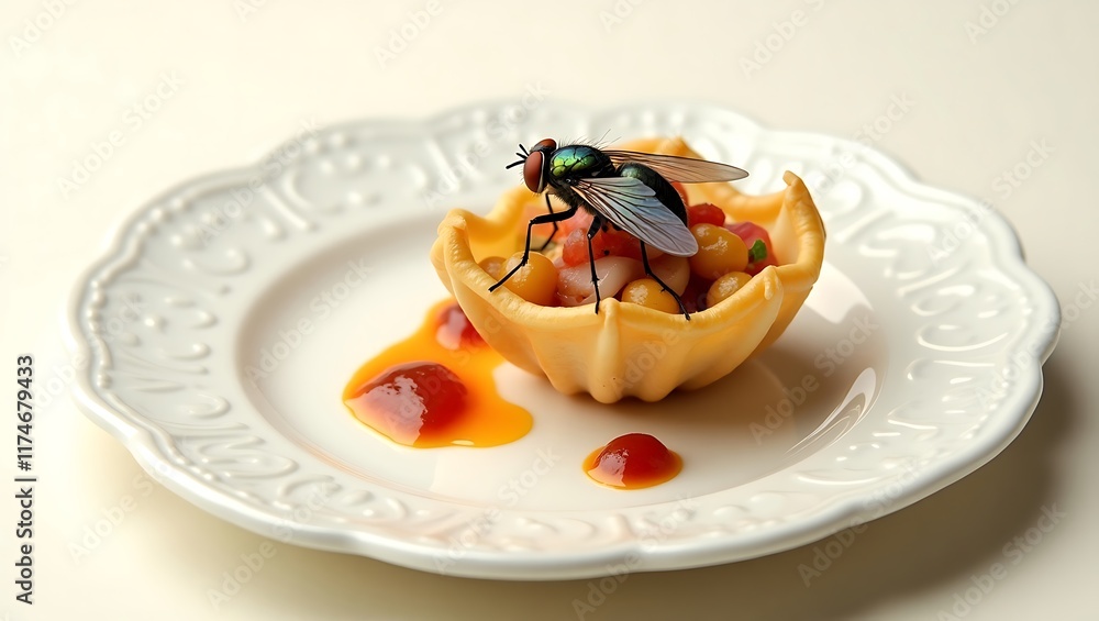 A close-up of a fly resting on a indian pani puri served on a white plate, emphasizing food contamination risks, unhygienic practices, and concerns about food safety