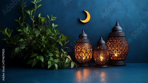 Illuminated Lanterns with Greenery and Crescent Moon photo