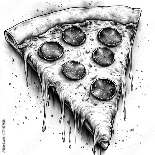 Melted Pepperoni Pizza Slice - Delicious Ink Drawing photo