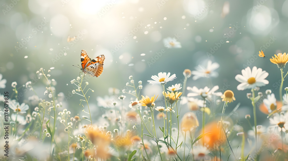 Fototapeta premium Butterfly is flying in a field of flowers