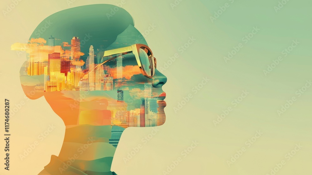 Naklejka premium Digital worker transitioning into future cityscape