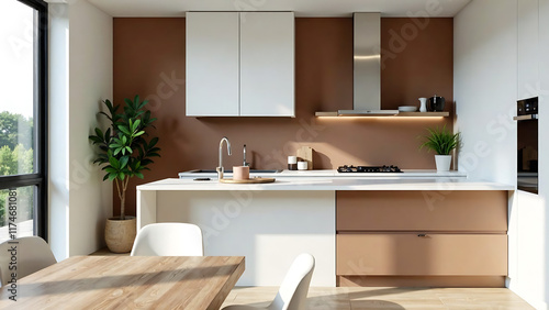 Modern minimalistic kitchen with accent brown painted wall in trend 2025 year color - mocha mousse. Stylish interior design and furniture. AI