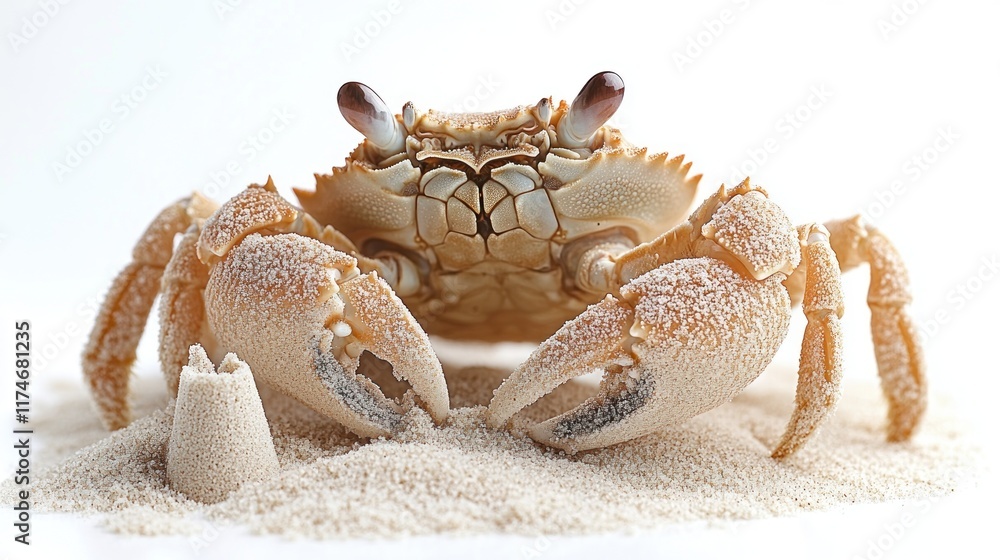 Close-up of a crab on sand with a small sandcastle. Close-up of a crab on sand with a small sandcastle.
