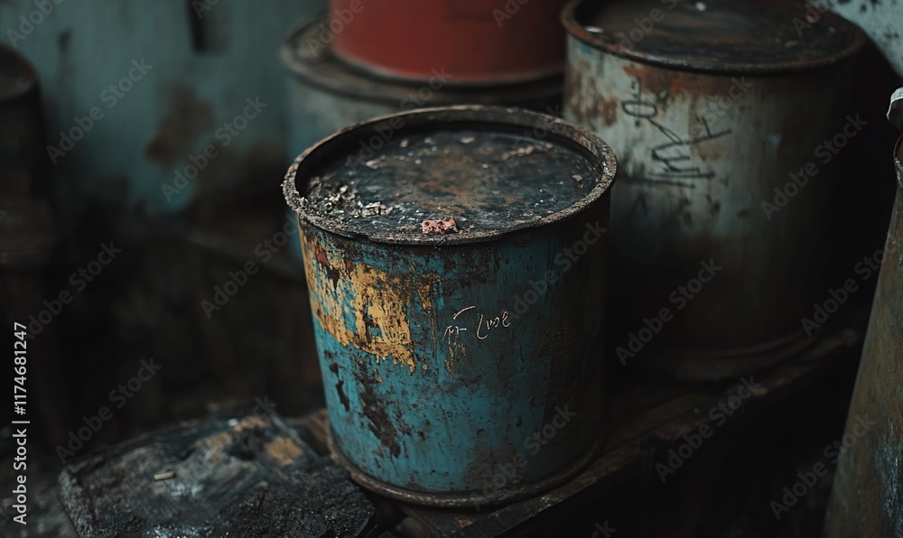 Rusty barrels in dark warehouse; industrial storage Rusty barrels in dark warehouse; industrial storage