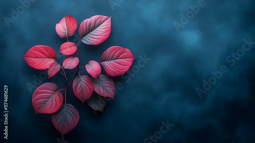 Dark Blue Background with Red Leaves Branch photo