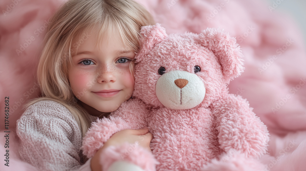 Little girl embracing pink teddy bear against soft background, childhood innocence concept Little girl embracing pink teddy bear against soft background, childhood innocence concept