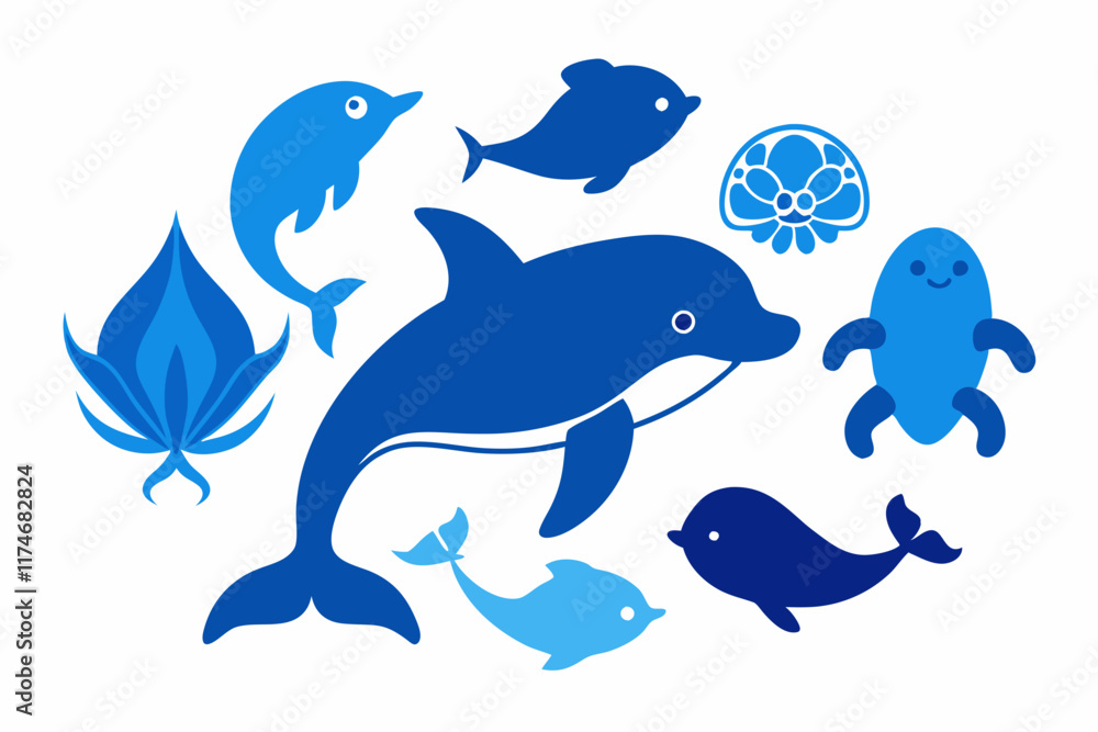 Obraz premium Marine Life Vector PNG: Dolphin, Fish, Turtle, and Sea Creatures for Ocean-Themed Designs.
