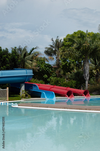 Red and blue slides at water park