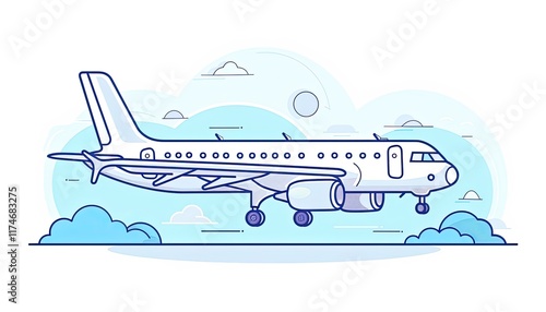 A simple line art illustration of a passenger airplane approaching landing. Ideal for travel apps, websites, or presentations related to aviation and tourism. photo