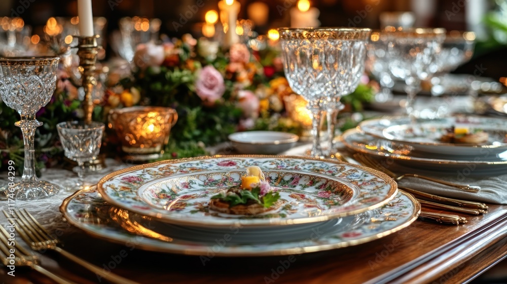 Elegant dinner table setting with floral centerpiece, candles, and gourmet appetizer. Elegant dinner table setting with floral centerpiece, candles, and gourmet appetizer.