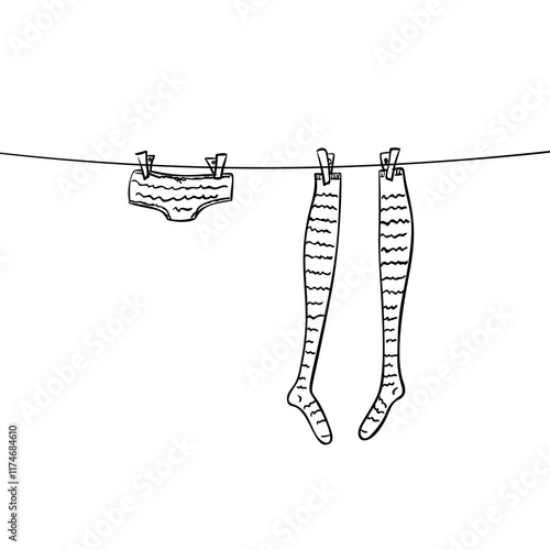 Female panty and long socks drying on a rope attached with clothespins, Hand drawn illustration, Vector sketch