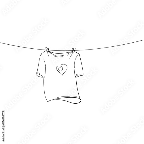 T-shirt with spiral heart print drying on a clothesline attached with clothespins, Hand drawn illustration, Vector sketch