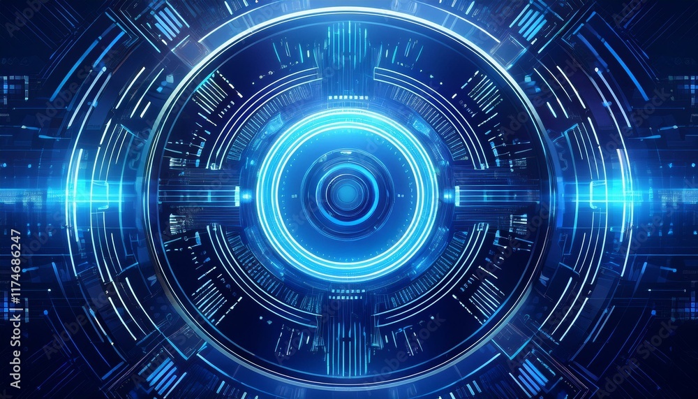 Fototapeta premium Abstract Blue Tech Hub: A digital artwork showcasing a mesmerizing circular design, reminiscent of a futuristic tech hub. Glowing blue lines and a central core create a visually striking image.