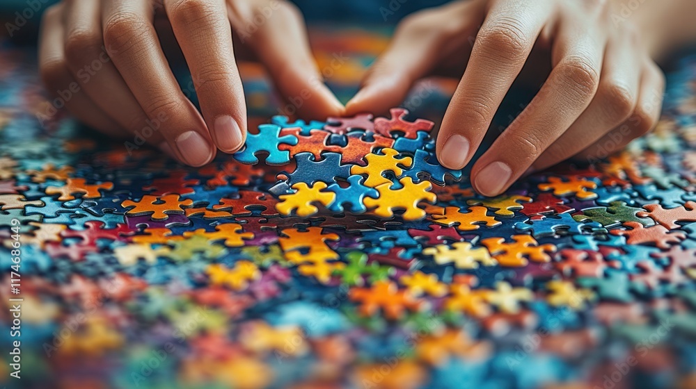 Hands placing a puzzle piece onto a colorful, intricate jigsaw puzzle. Hands placing a puzzle piece onto a colorful, intricate jigsaw puzzle.