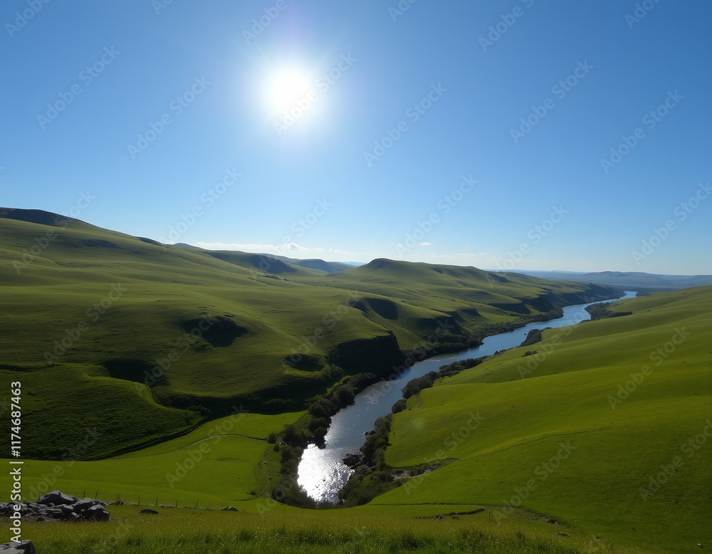 Fototapeta premium Peaceful Rolling Hills and Meandering River Under Clear Blue Sky at Sunrise