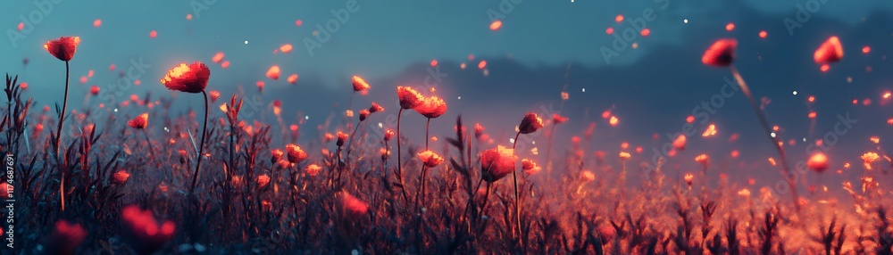 Obraz premium Vibrant poppy field at dusk with soft glowing colors.