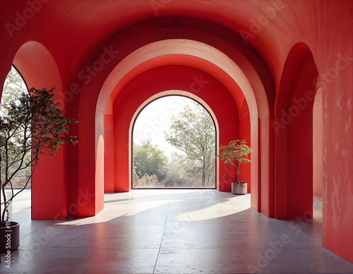 Crimson Arched Passage: A captivating architectural design featuring a spacious hallway with a vibrant crimson interior,  highlighted by a series of arched doorways that frame a scenic vista beyond. photo