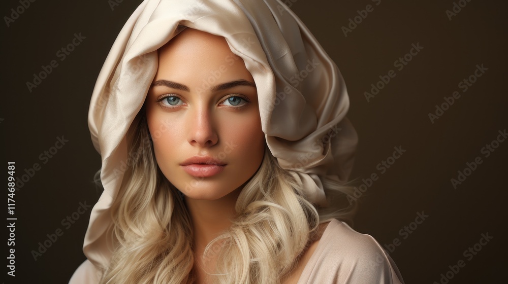 Fototapeta premium Elegant Woman in Silk Hood: A Portrait of Serenity